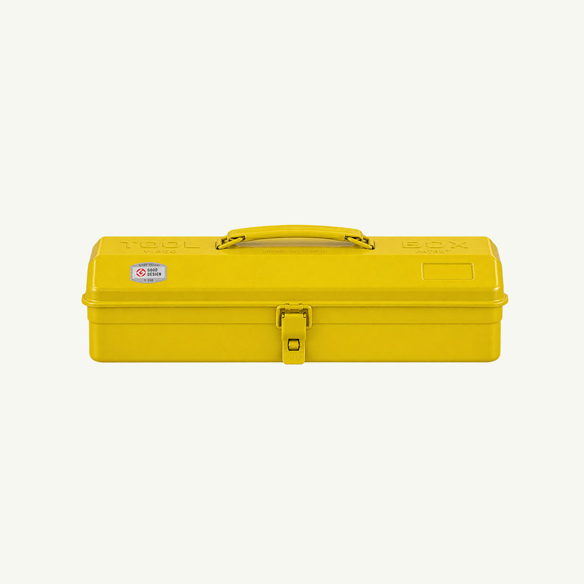 A yellow Toyo Steel Monogrammed Toolbox with handle and latch sits on a plain light background.