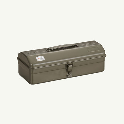 Monogrammed Steel Toolbox - Olive by Toyo Steel with a top handle, center latch, and sticker.