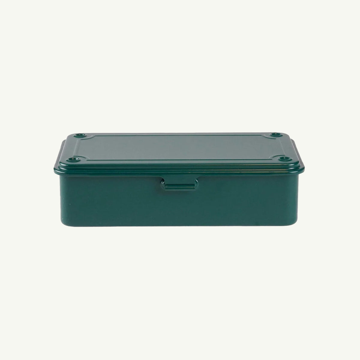 Toyo Steel Monogrammed Storage Box in Antique Green on an off-white background.