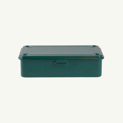 Toyo Steel Monogrammed Storage Box in Antique Green on an off-white background.