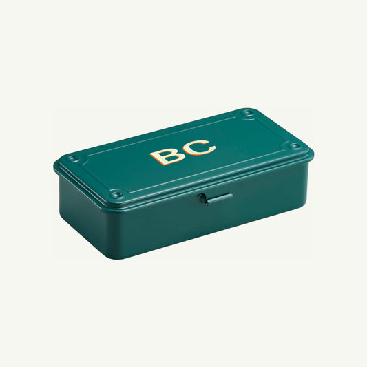 Toyo Steel Monogrammed Storage Box in Antique Green with BC on lid, shown on white background.