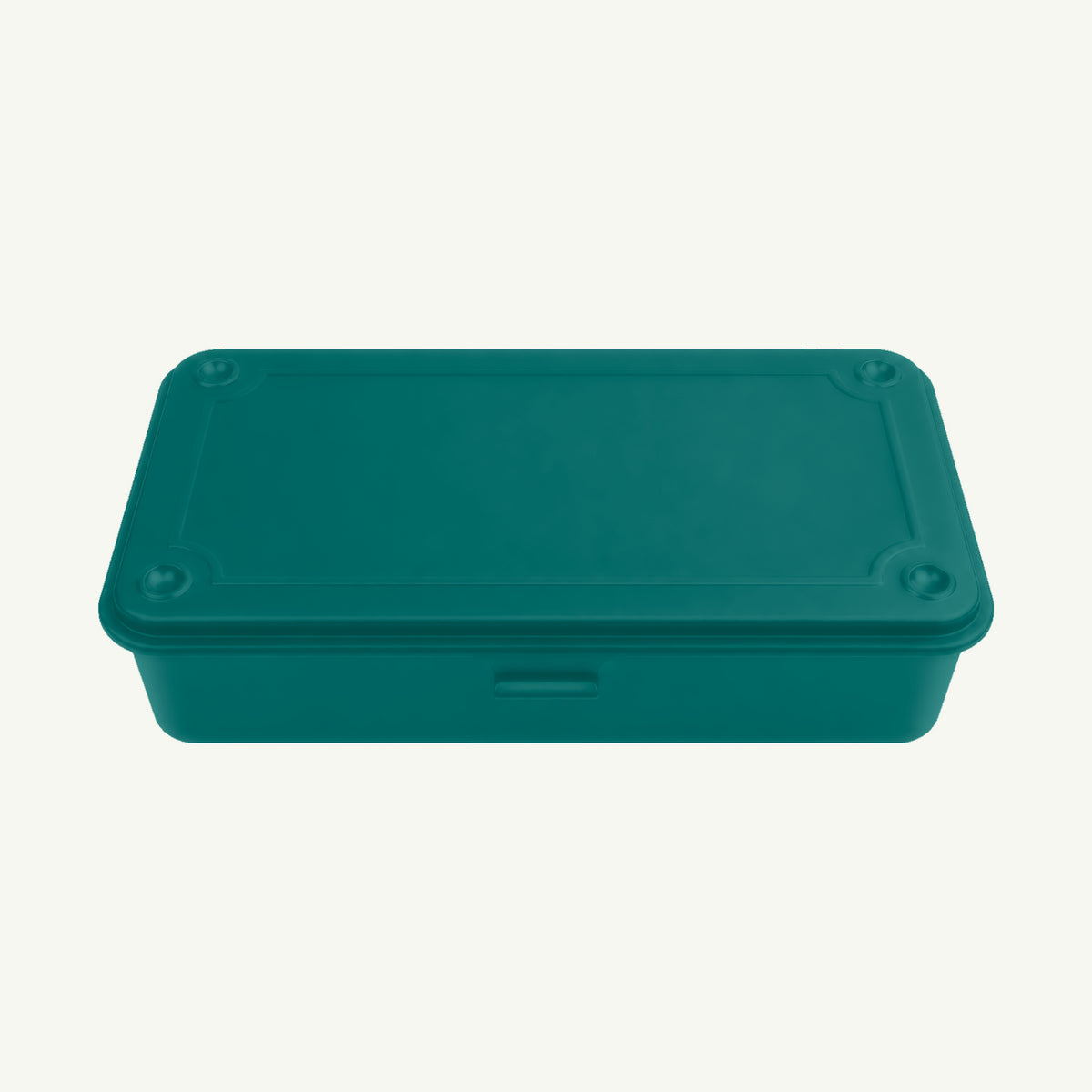 Toyo Steel Monogrammed Steel Storage Box in Antique Green on plain light background.