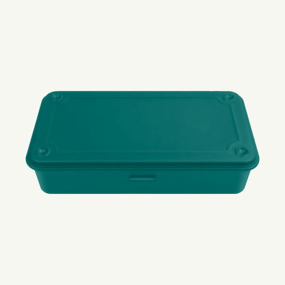Toyo Steel Monogrammed Steel Storage Box in Antique Green on plain light background.