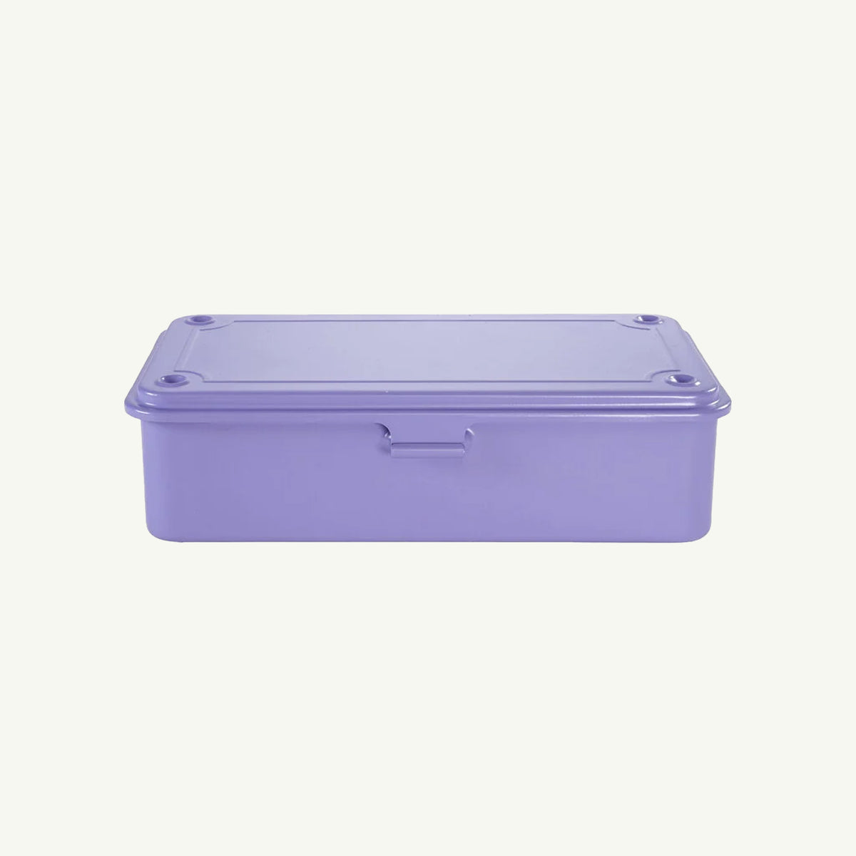 Monogrammed lilac storage box by Toyo Steel with lid and front handle.