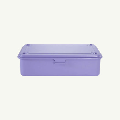 Monogrammed lilac storage box by Toyo Steel with lid and front handle.