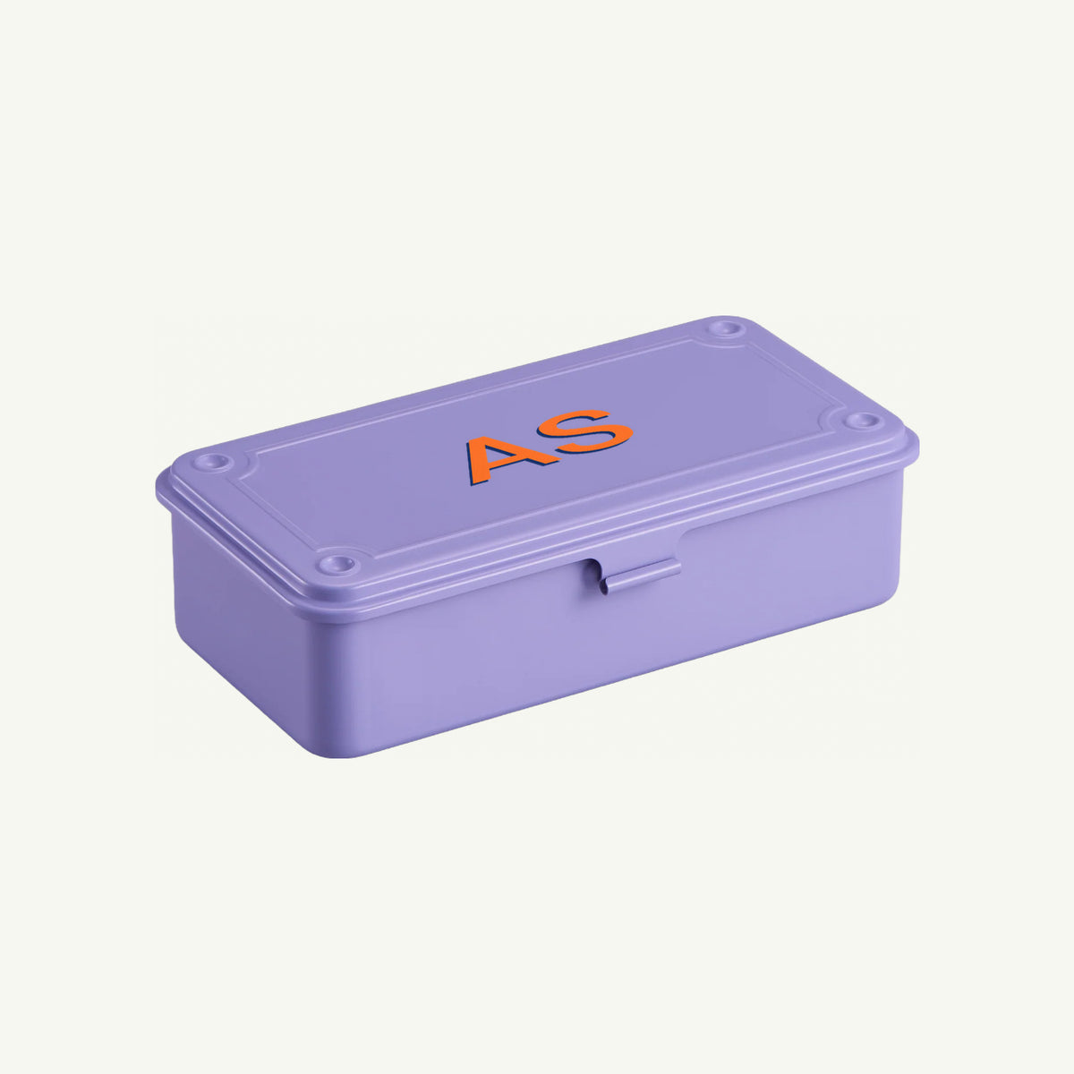 A lilac Toyo Steel Monogrammed Storage Box with AS in orange on the lid.