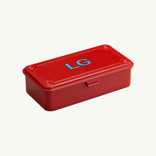 Red Monogrammed Steel Storage Box by Toyo Steel—perfect as a personalized keepsake.