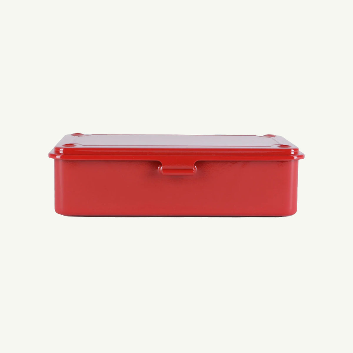 Toyo Steel Monogrammed Steel Storage Box in red, rectangular with lid, front view on white.