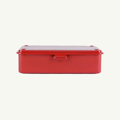 Toyo Steel Monogrammed Steel Storage Box in red, rectangular with lid, front view on white.