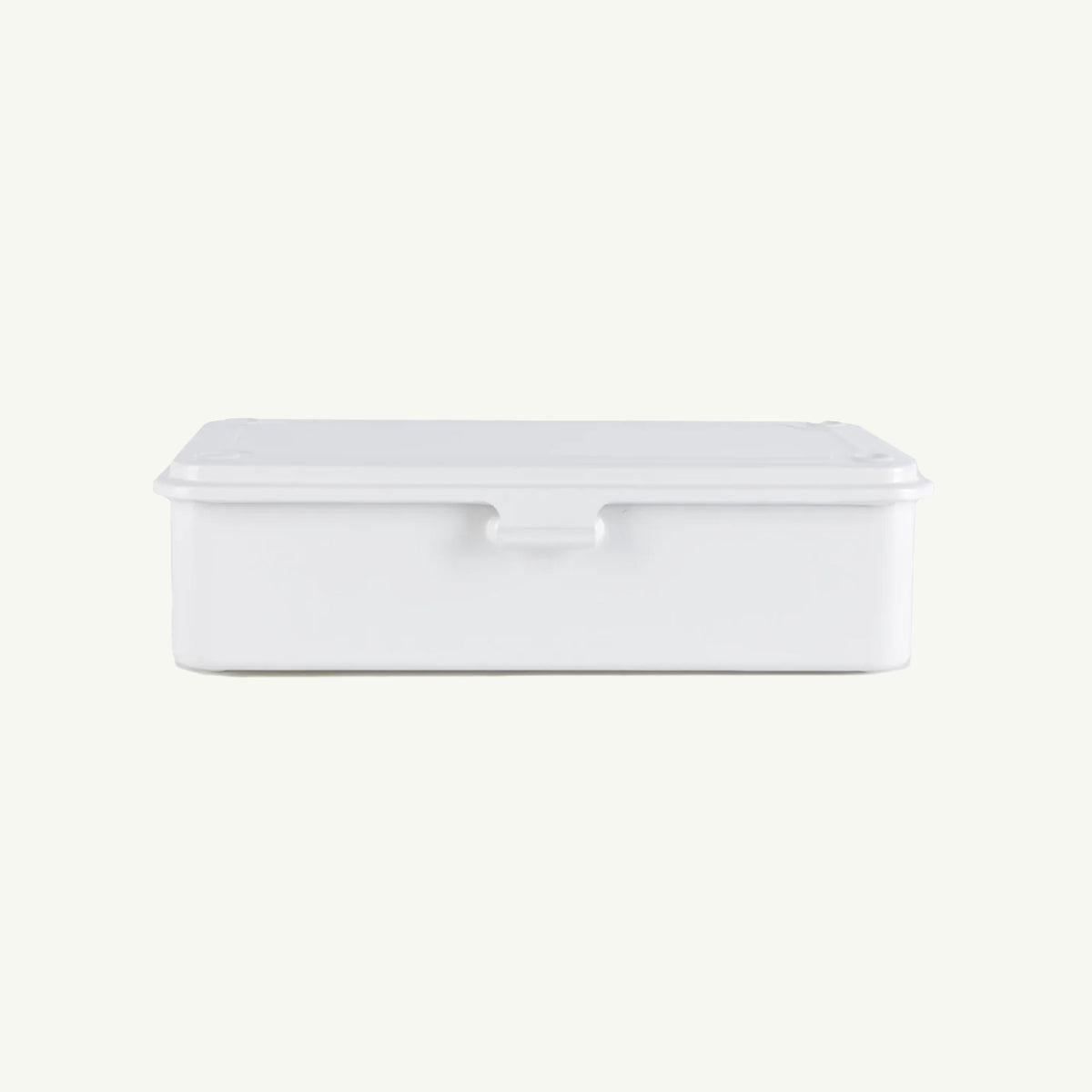 Monogrammed Toyo Steel Storage Box in white with lid, shown front view on plain background.