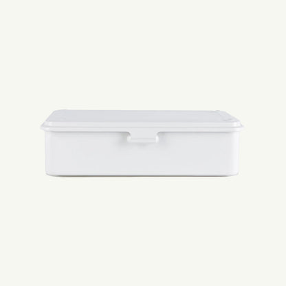 Monogrammed Toyo Steel Storage Box in white with lid, shown front view on plain background.