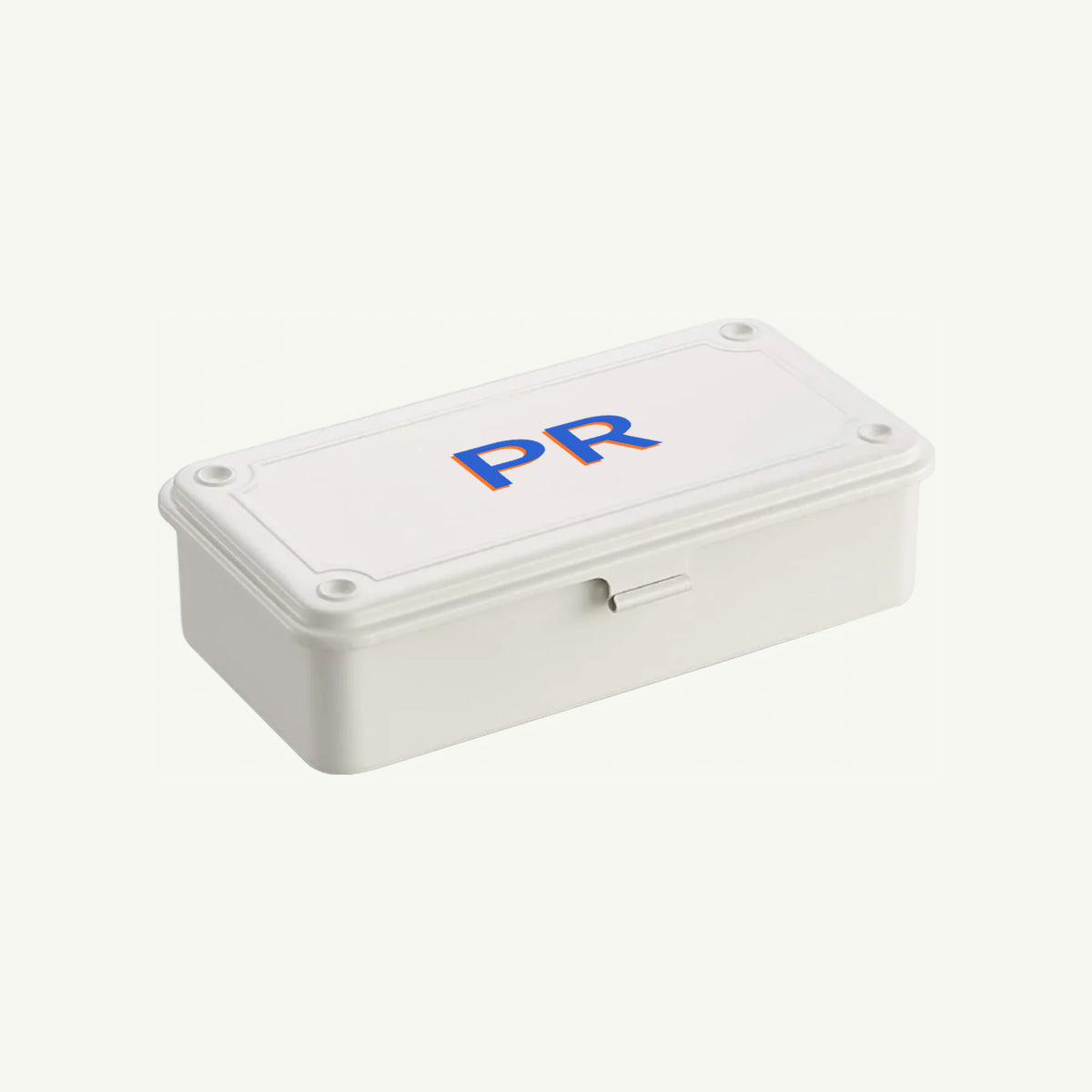 Toyo Steel Monogrammed White Storage Box, made in Japan, blue/orange PR on lid.