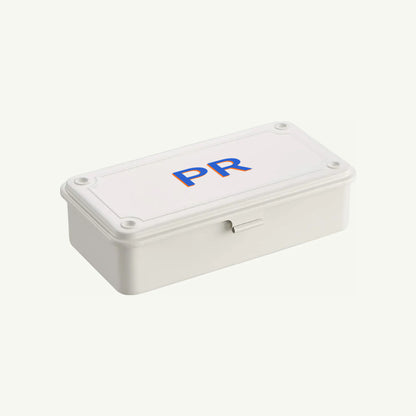 Toyo Steel Monogrammed White Storage Box, made in Japan, blue/orange PR on lid.
