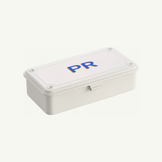 Toyo Steel Monogrammed White Storage Box, made in Japan, blue/orange PR on lid.