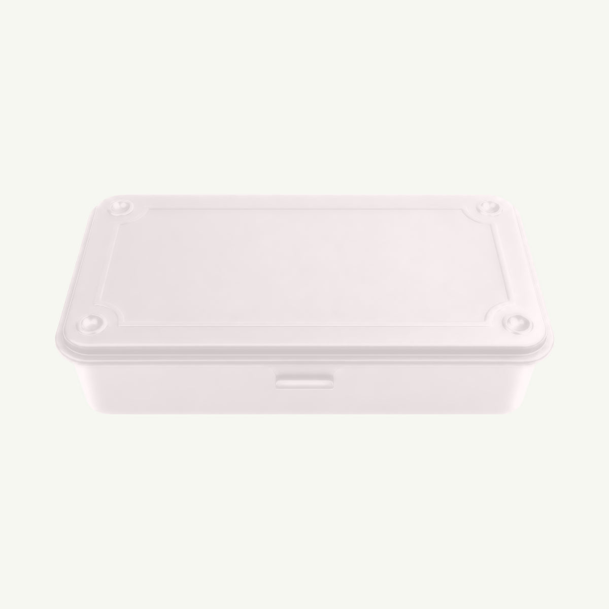 Toyo Steel Monogrammed White Storage Box: closed, rectangular steel, raised-edge lid, Japan-made.