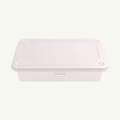 Toyo Steel Monogrammed White Storage Box: closed, rectangular steel, raised-edge lid, Japan-made.