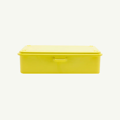 A closed Toyo Steel Monogrammed Storage Box in yellow sits on white, ideal for storage.