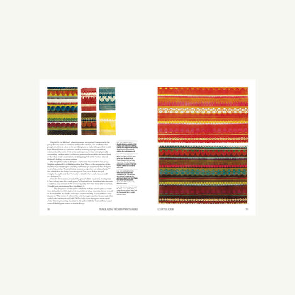 Open book pages showing Trailblazing Women Printmakers beside a colorful, striped textile.
