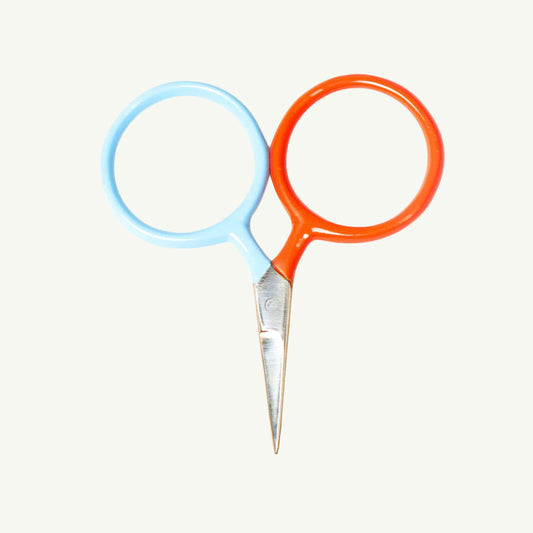 DEGEN Circle Mini Scissors with blue and orange handles, pointed up on a white background.