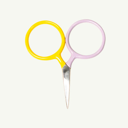 DEGEN Circle Mini Scissors with yellow and purple handles on a white background.