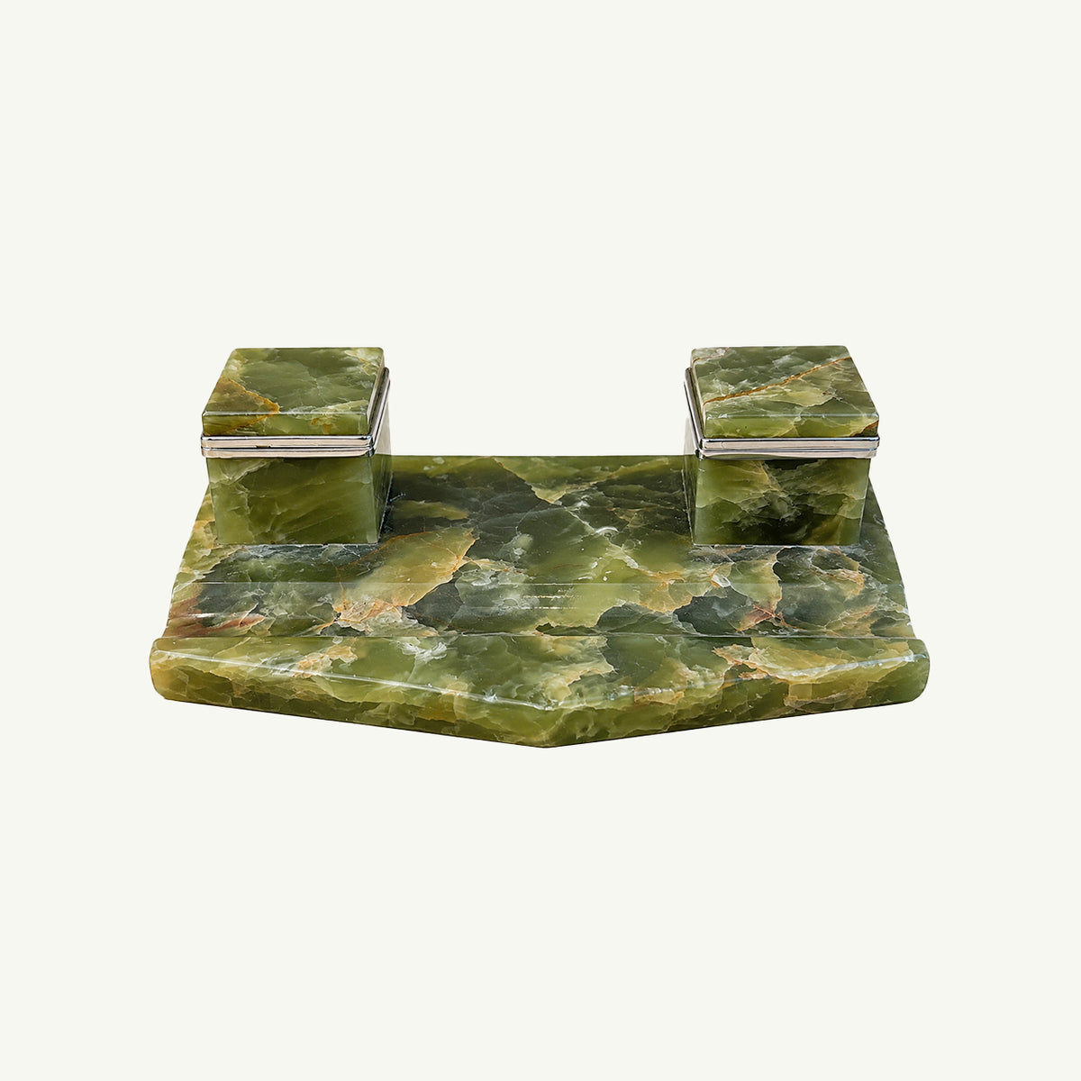 Mr. Boddington’s Studio Double-inkwell Green Onyx Desk Stand, two square wells on a base.