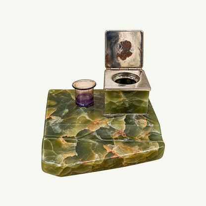 Mr. Boddington’s Double-inkwell Green Onyx Desk Stand—vintage style with glass cups and lid.