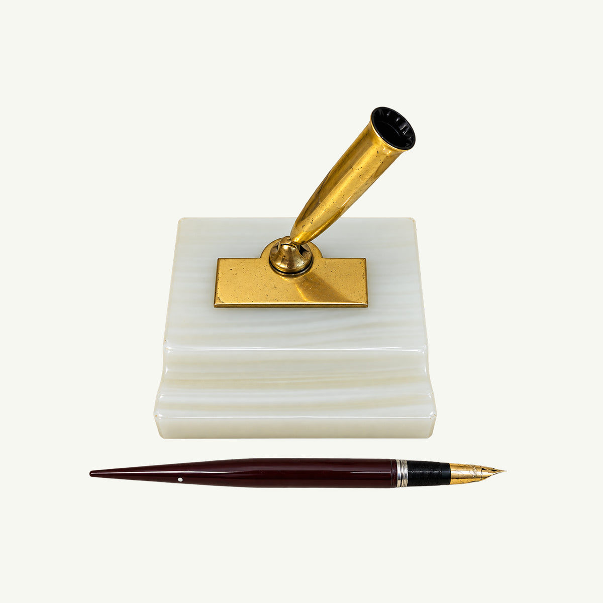 Mr. Boddington’s Vintage Onyx & Brass Fountain Pen Desk Set with 14k gold nib fountain pen.
