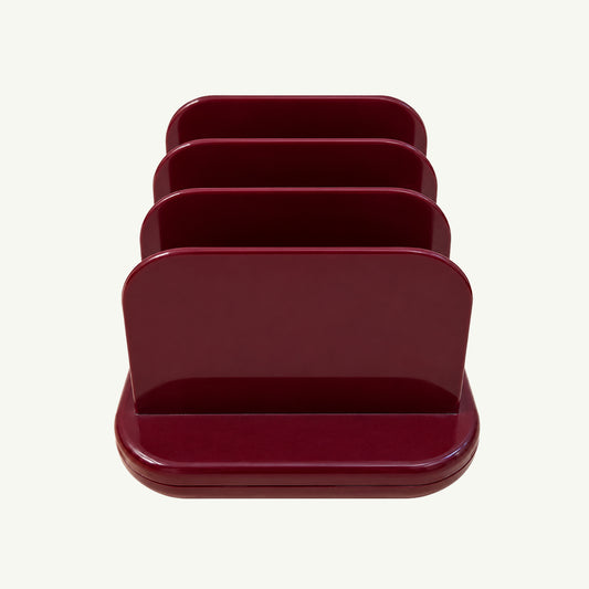 Oxblood plastic Vintage Tenex Letter Keeper desktop sorter with four slots.