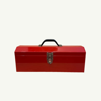 Vintage Red Metal Tool Box with a black handle and a silver latch.