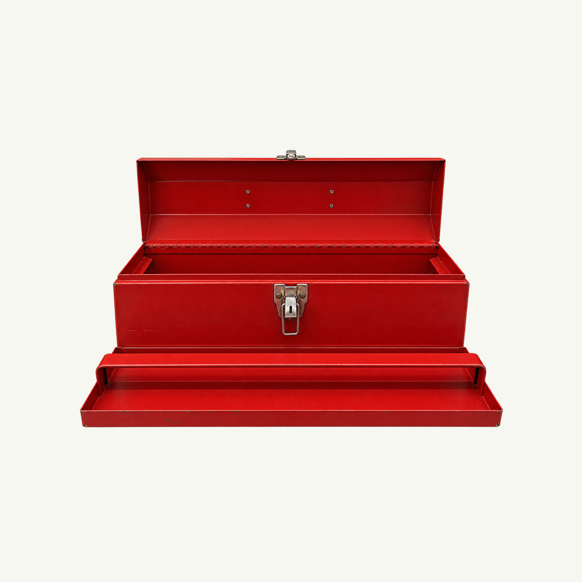 Vintage Red Metal Tool Box with an open lid and a fold-out tray.