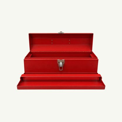 Vintage Red Metal Tool Box with an open lid and a fold-out tray.