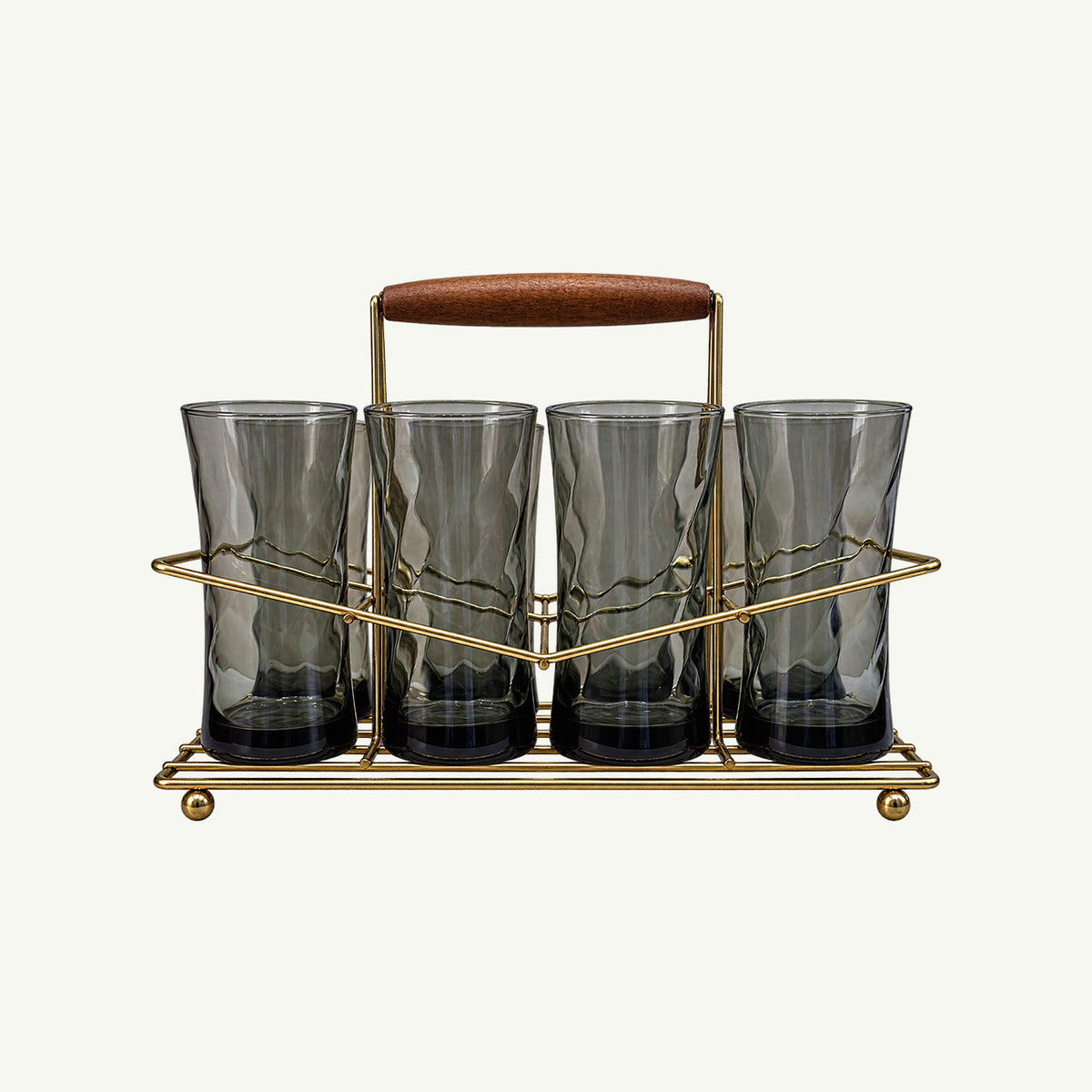 Mr. Boddington’s Vintage Smoked Glass Set: 4 glasses in a caddy with a wooden handle.