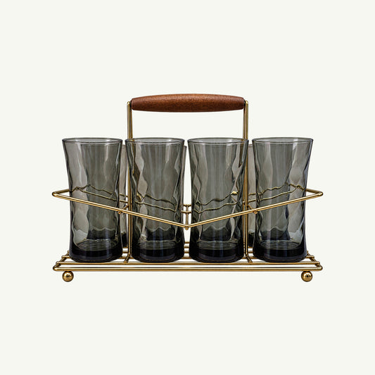 Mr. Boddington’s Vintage Smoked Glass Set: 4 glasses in a caddy with a wooden handle.