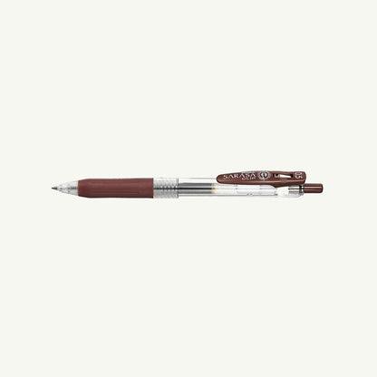 Zebra Retractable Gel Pen, pigment ink, 0.5mm tip, brown/clear body, rubber grip & clip.