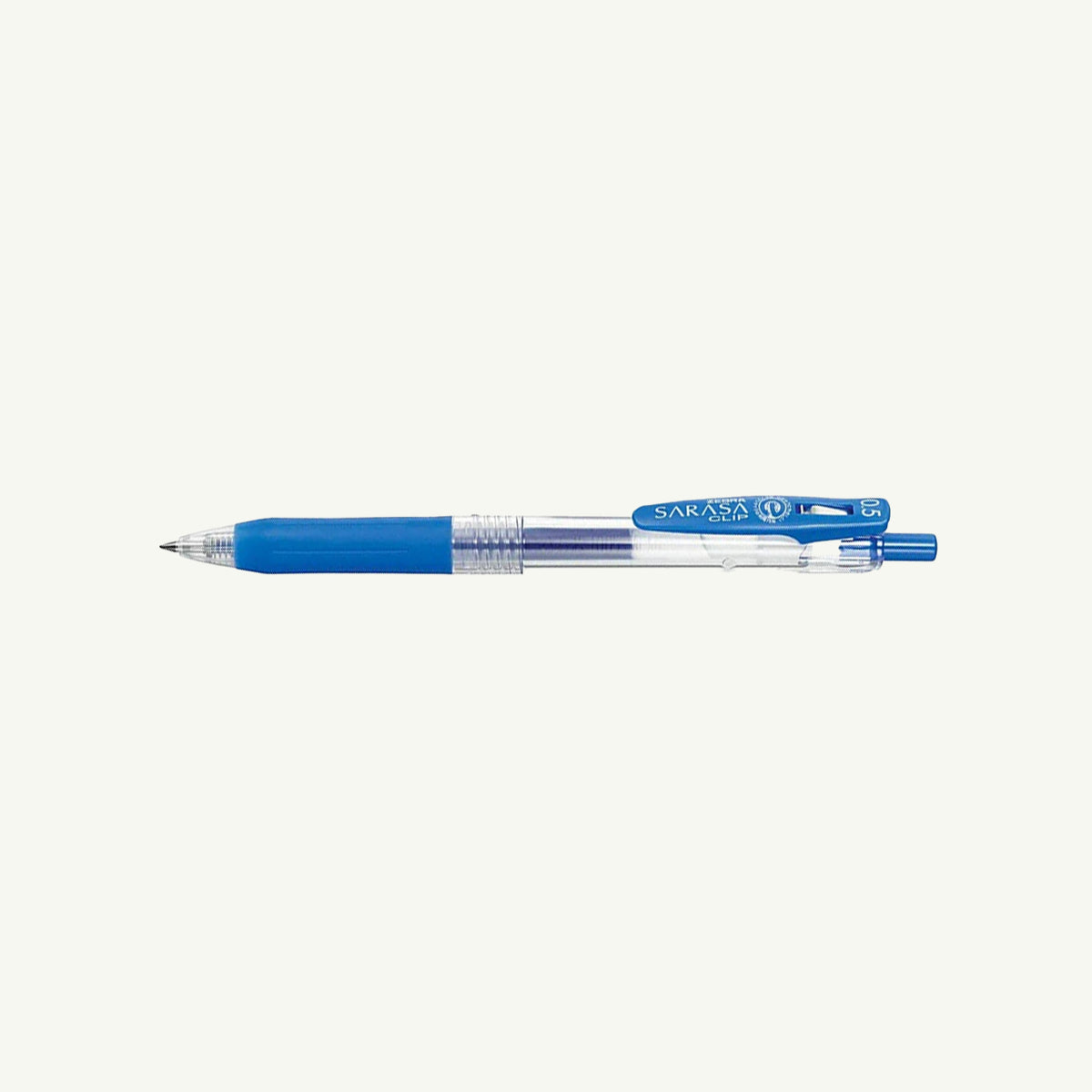 Zebra Retractable Gel Pen, 0.5mm, archival blue ink, clear barrel, blue grip and clip.