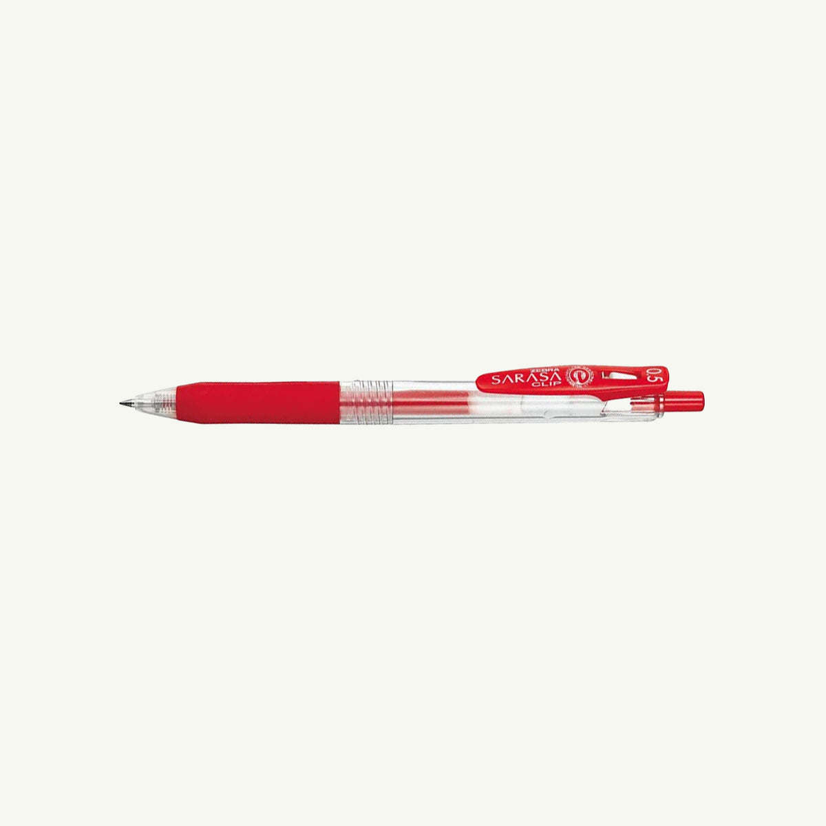 Zebra Retractable Gel Pen, red ink, 0.5mm tip, clear barrel with clip on white background.