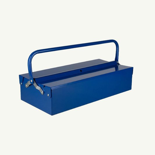 Mr. Boddington's Studio Italian Toolbox, blue with handle, closed, on white background.