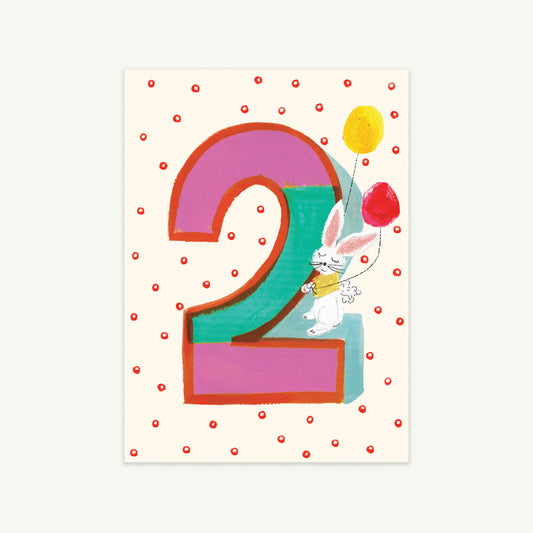 Bunny is Two card by Mr. Boddington's Studio, hand-drawn bunny with balloons and a bright 2.