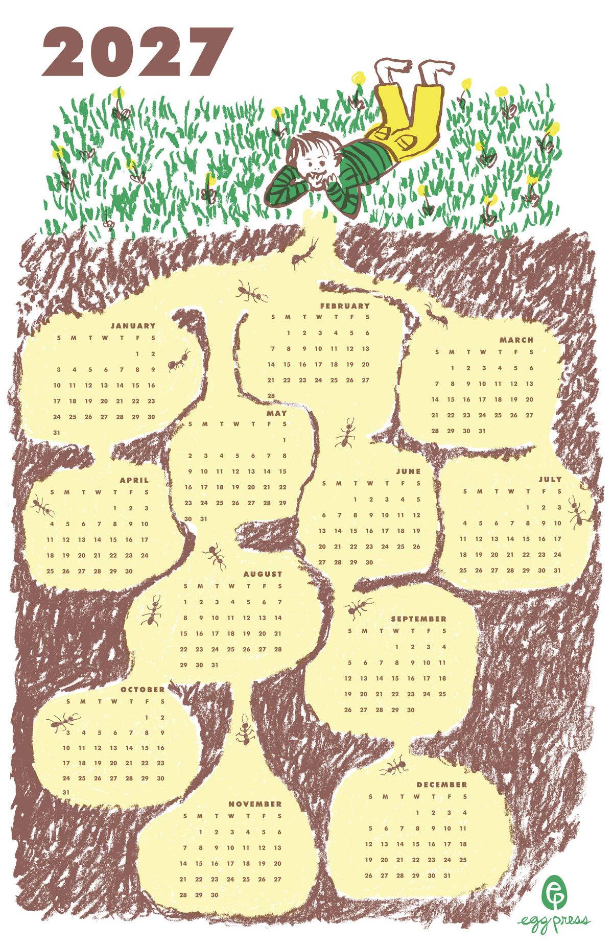 Ant Hill 2027 Calendar by Egg Press, Risograph print, features child on grass above tunnels.