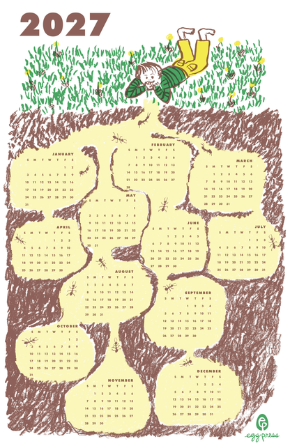 Ant Hill 2027 Calendar by Egg Press, Risograph print, features child on grass above tunnels.
