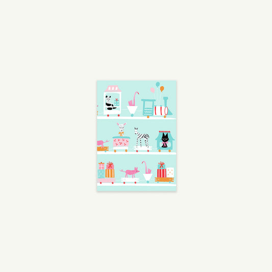 Cats with toys and Choo Choo Train - Petite Cards by Mr. Boddington's Studio on blue shelves.
