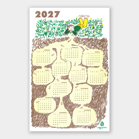 Ant Hill 2027 Calendar by Egg Press: child on grass, peering at burrows below. Risograph print.