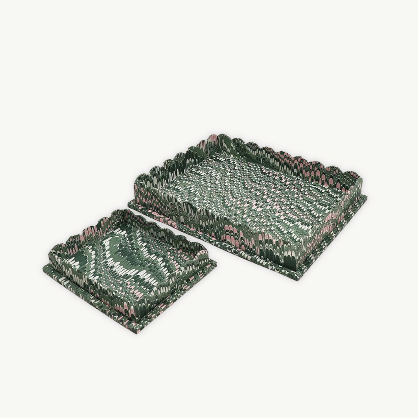 Green Marbled Scalloped Tray Set