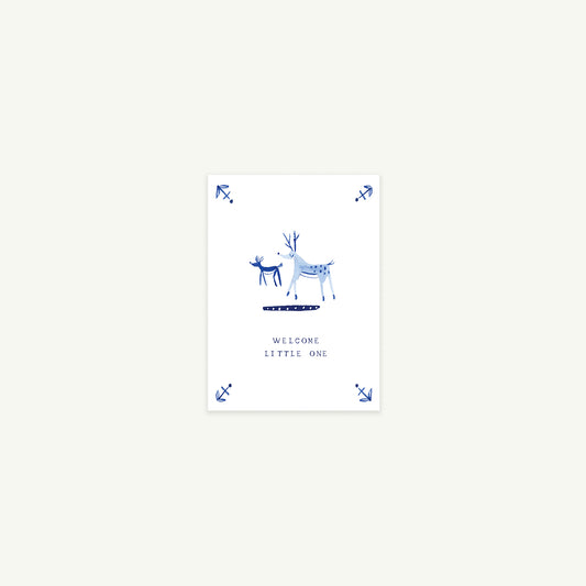 Petite "Welcome Little Deer" card by Mr. Boddington's Studio, featuring hand-drawn blue deer.