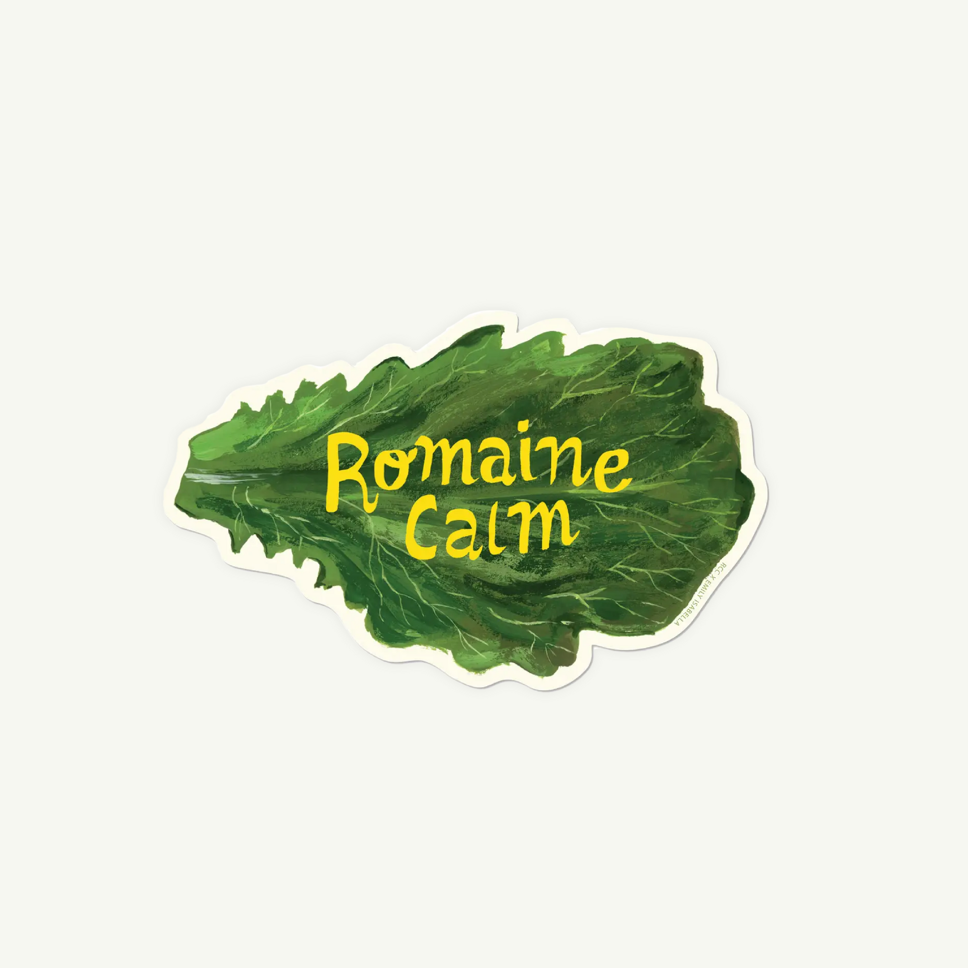 Romaine Calm sticker by Red Cap Cards: illustrated matte lettuce leaf with "Romaine Calm" text.