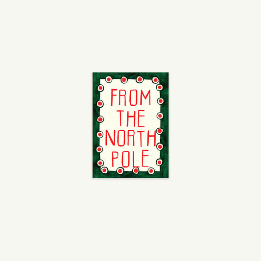 A small ’From Santa’s Outbox’ card by Mr. Boddington’s Studio, edged with red and white dots.